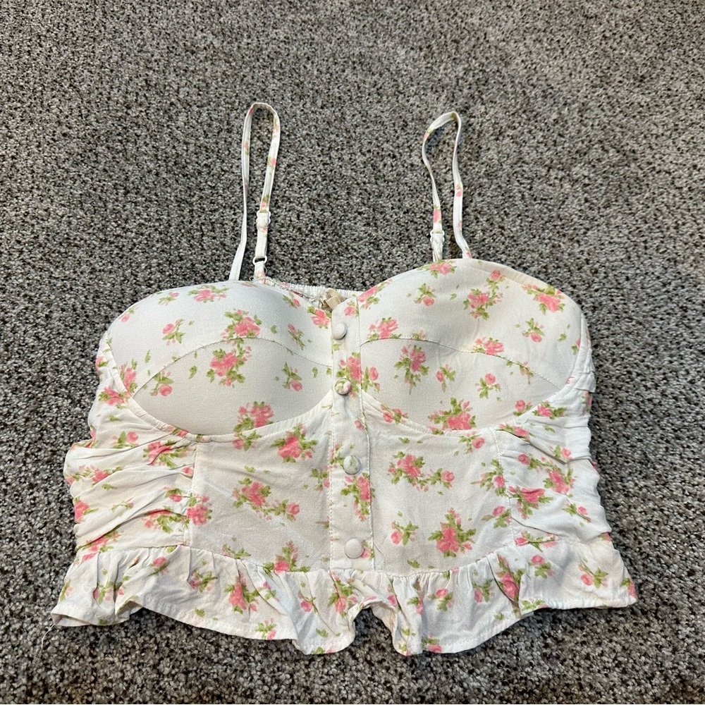 SIM & SAM M Ivory Pink Floral Top Bustier Smocked Back Stretch - Picture 5 of 10